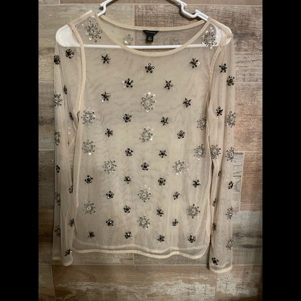 Ann Taylor Embellished Tan Sheer Blouse XS